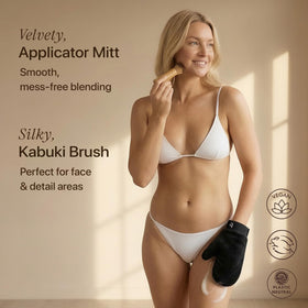 Beauty by Earth velvet mitt in hand preventing streaks for clean application