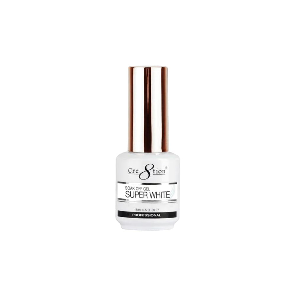 Beauty Cre8tion bottle front view showing bright white shade and professional finish