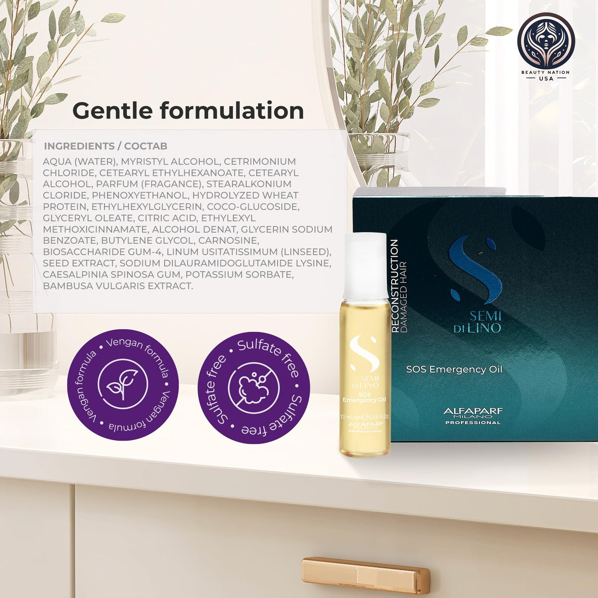 Beauty Nation USA Alfaparf kit on bathroom shelf in lifestyle scene for at-home salon performance benefit