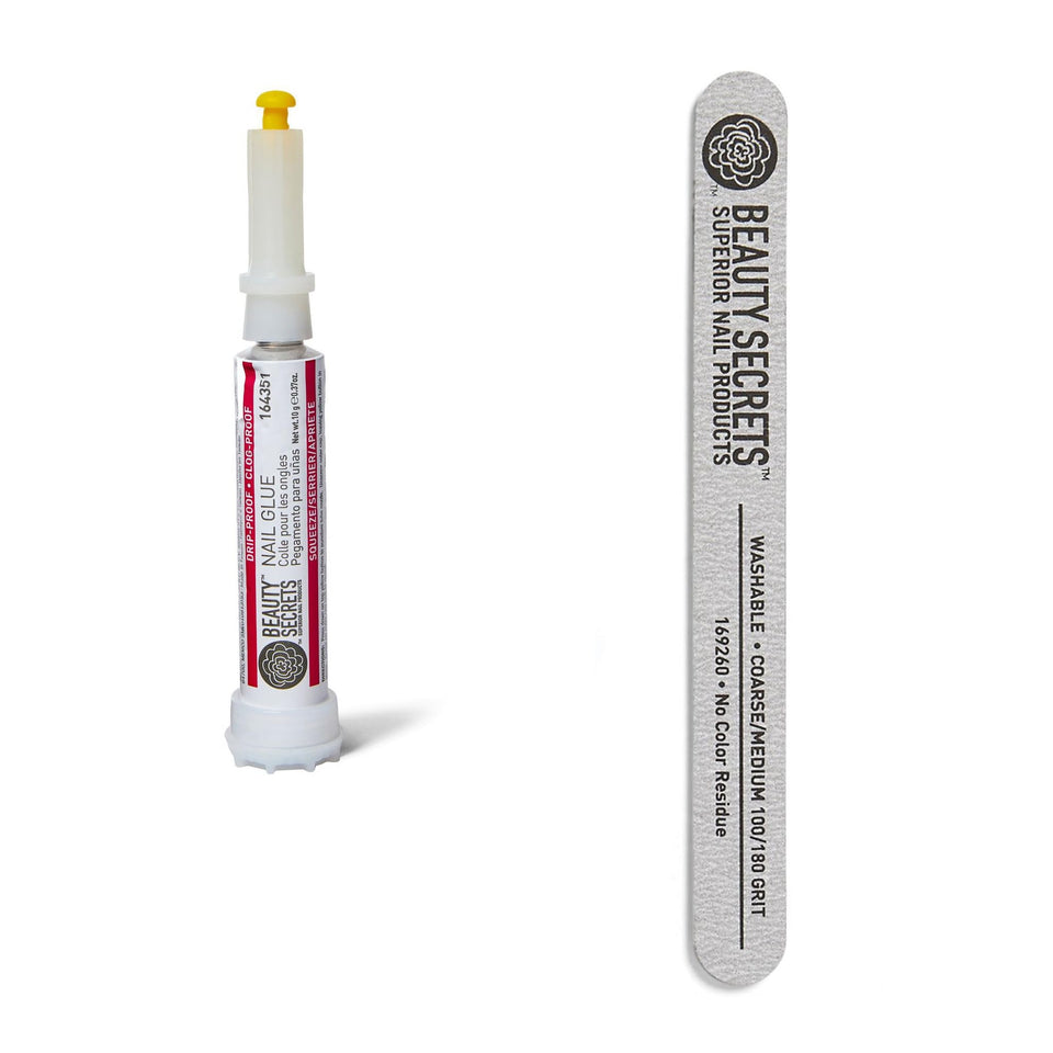 BEAUTY SECRETS glue front bottle showing compact, mess-free design