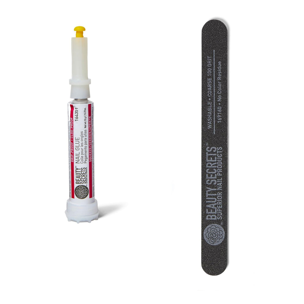 Beauty Secrets glue front packaging showing bottle and black cap, organized and portable