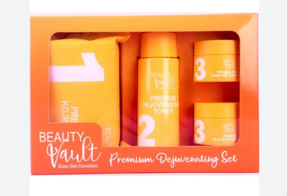 Beauty Vault front view of new packaging showing four-piece rejuvenating set benefits