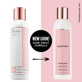 beautybio cleanser on bathroom counter in morning routine setting benefit