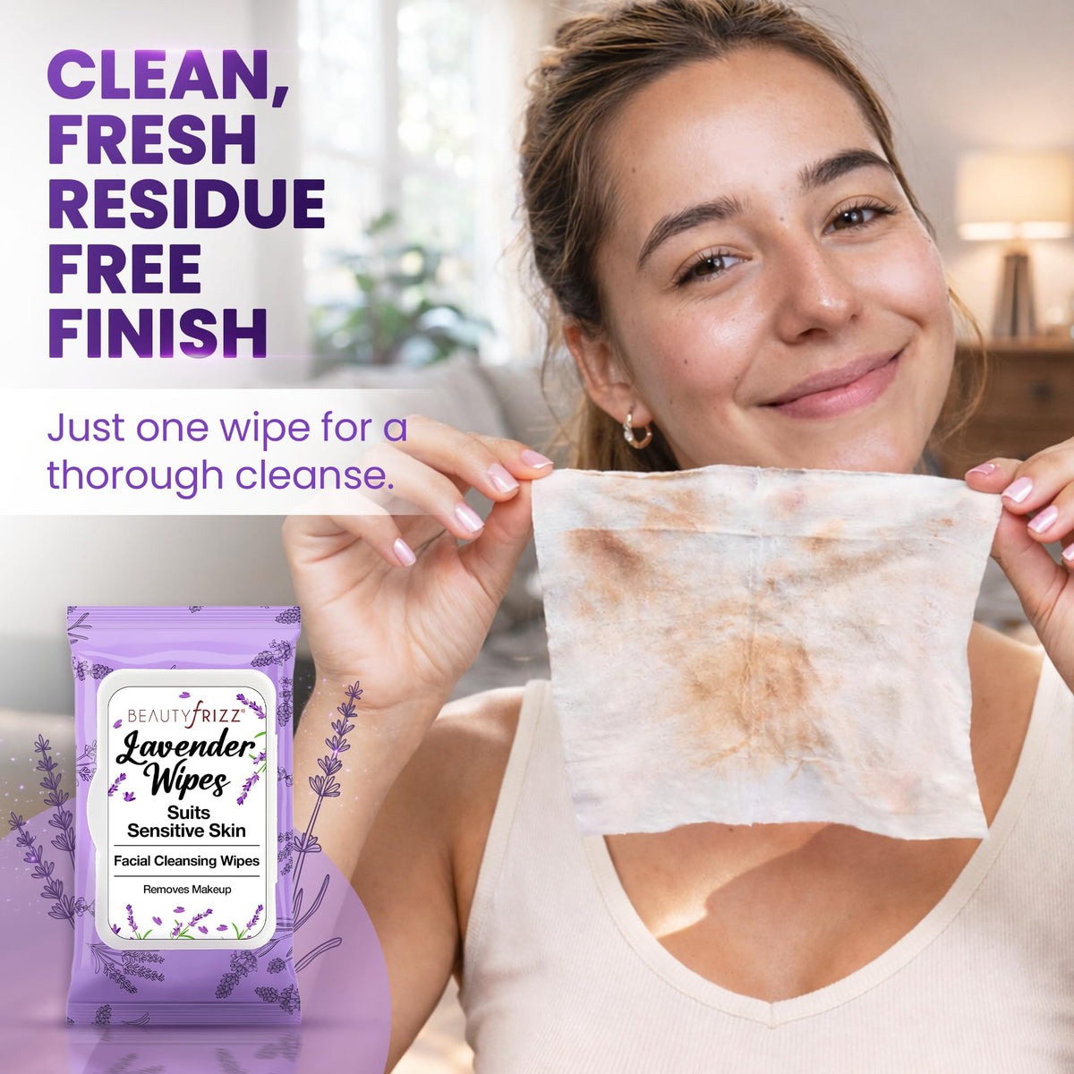 BEAUTYfRIZZ wipe removing mascara to show effective makeup dissolving