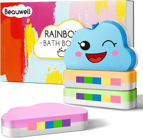 Beauwell front packaging of four rainbow bath bombs showing colorful gift-ready box and benefits