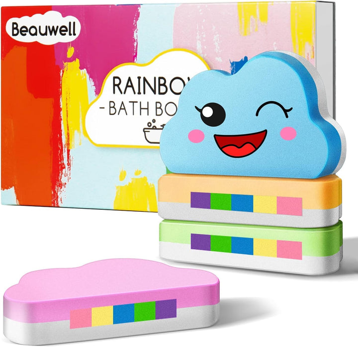 Beauwell front packaging of four rainbow bath bombs showing colorful gift-ready box and benefits