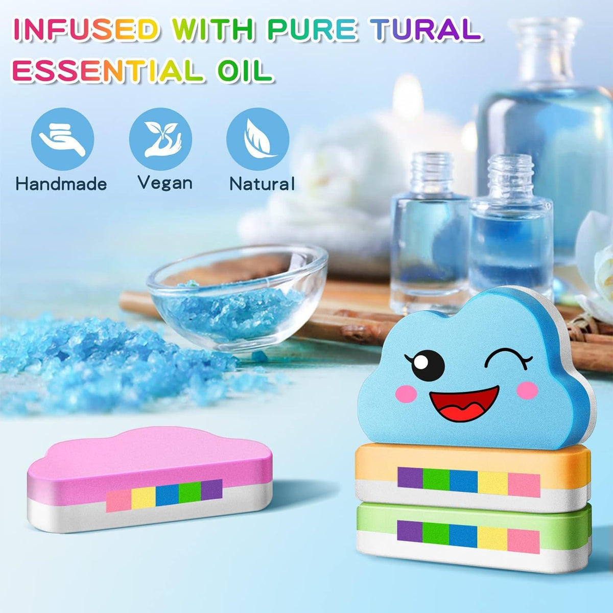 Beauwell bath bomb fizzing in tub creating rainbow effect and playful sensory bath time