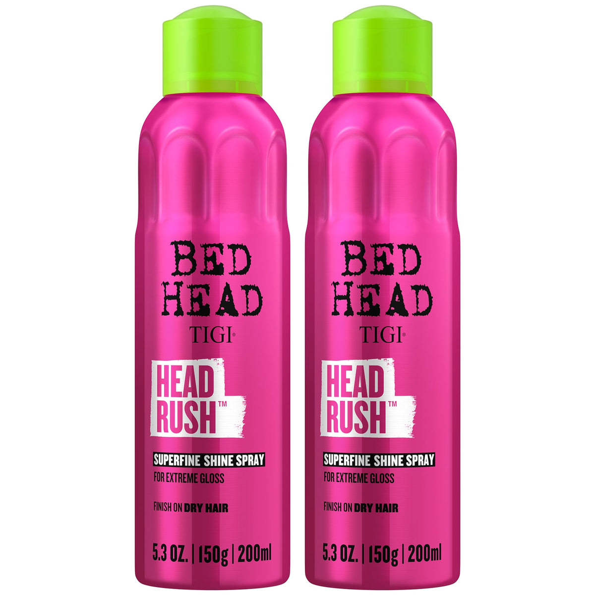 Bed Head Head Rush front packaging showing two 5.3 oz cans and glossy finish benefit