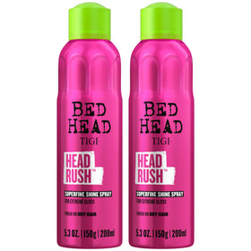 Bed Head Head Rush front packaging showing two 5.3 oz cans and glossy finish benefit