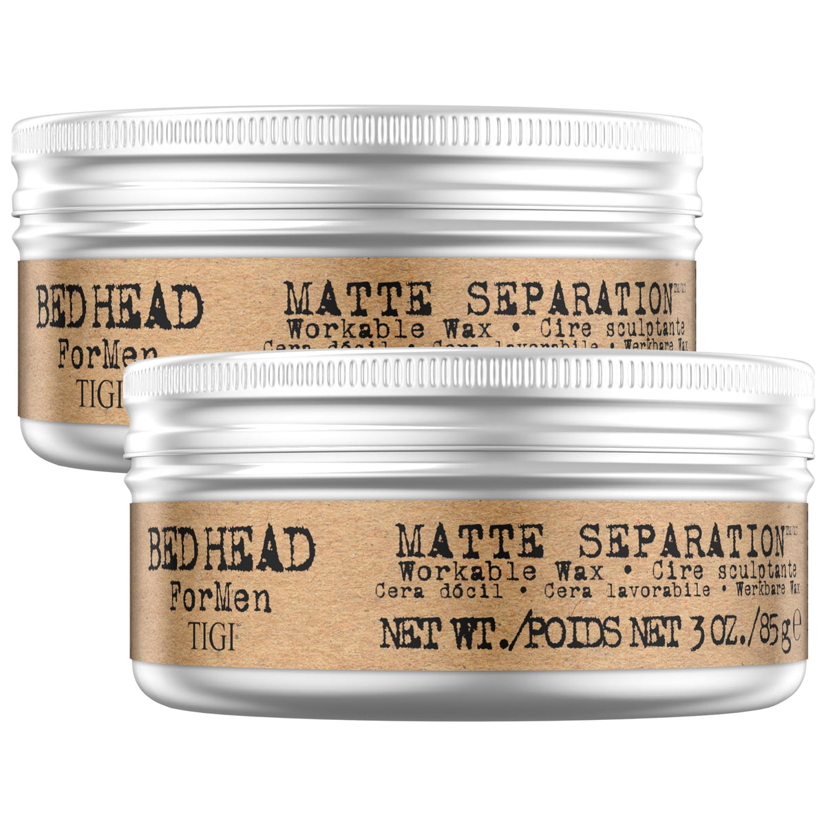 Bed Head front packaging showing two 3 oz jars and clear label benefit