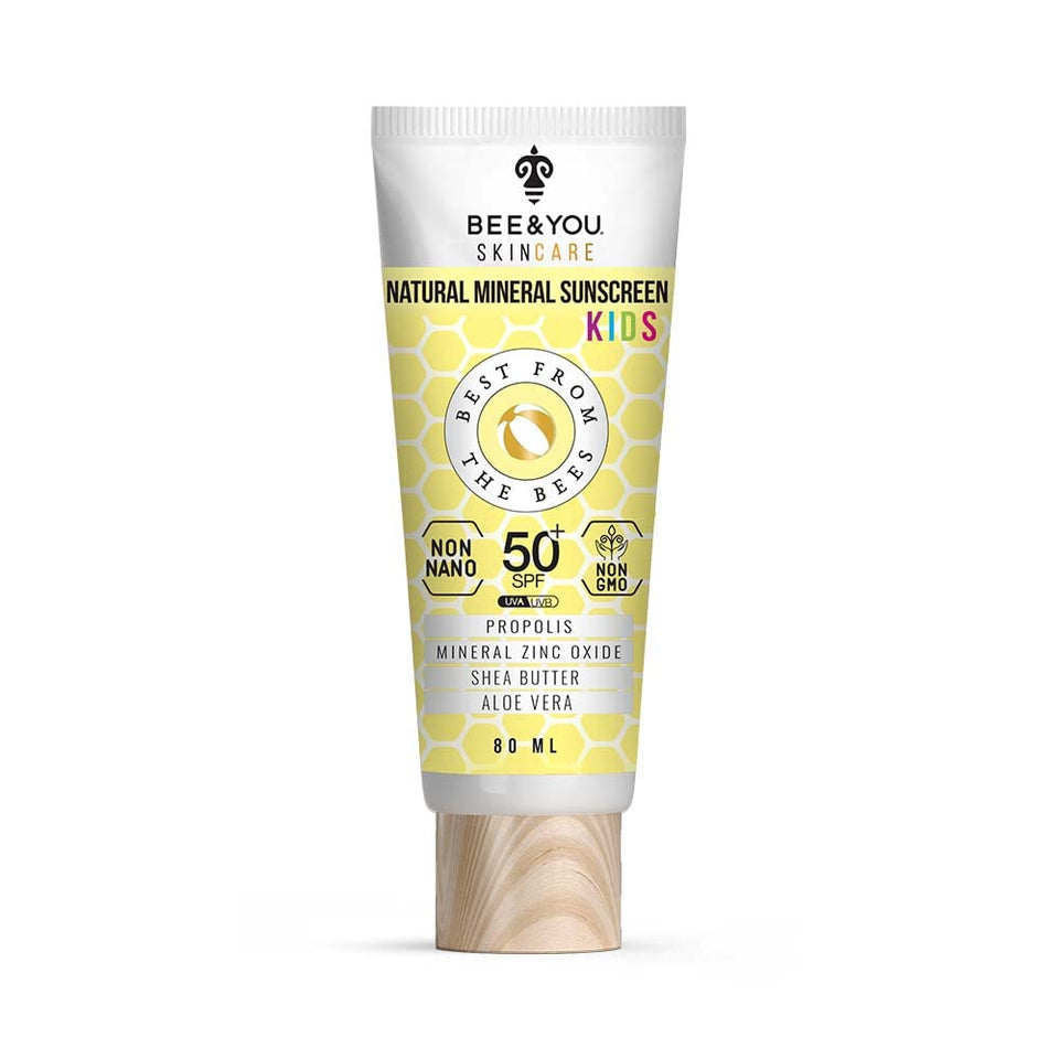 BEE & YOU front packaging showing SPF 50 and natural ingredients for safe protection