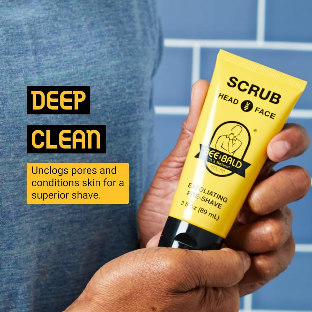 Bee Bald scrub texture close-up highlighting exfoliant particles and conditioning feel