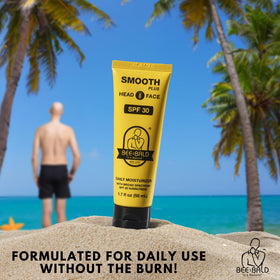 Bee Bald label close-up displaying SPF 30 broad-spectrum protection benefit