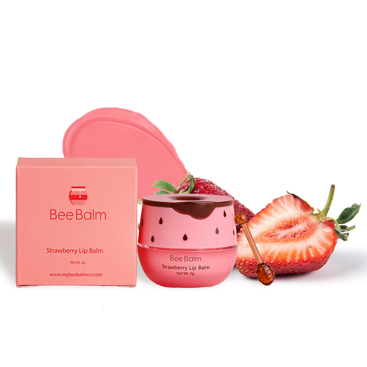 Bee Balm front packaging strawberry showing tube and brand benefits