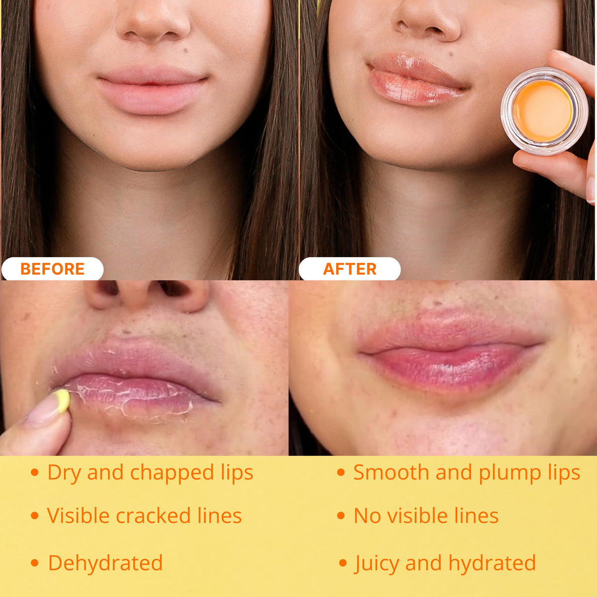 Bee Balm applying peach lip butter to lips for immediate softening benefit