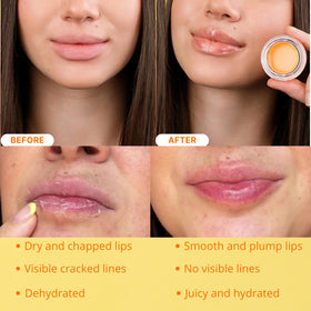 Bee Balm applying peach lip butter to lips for immediate softening benefit