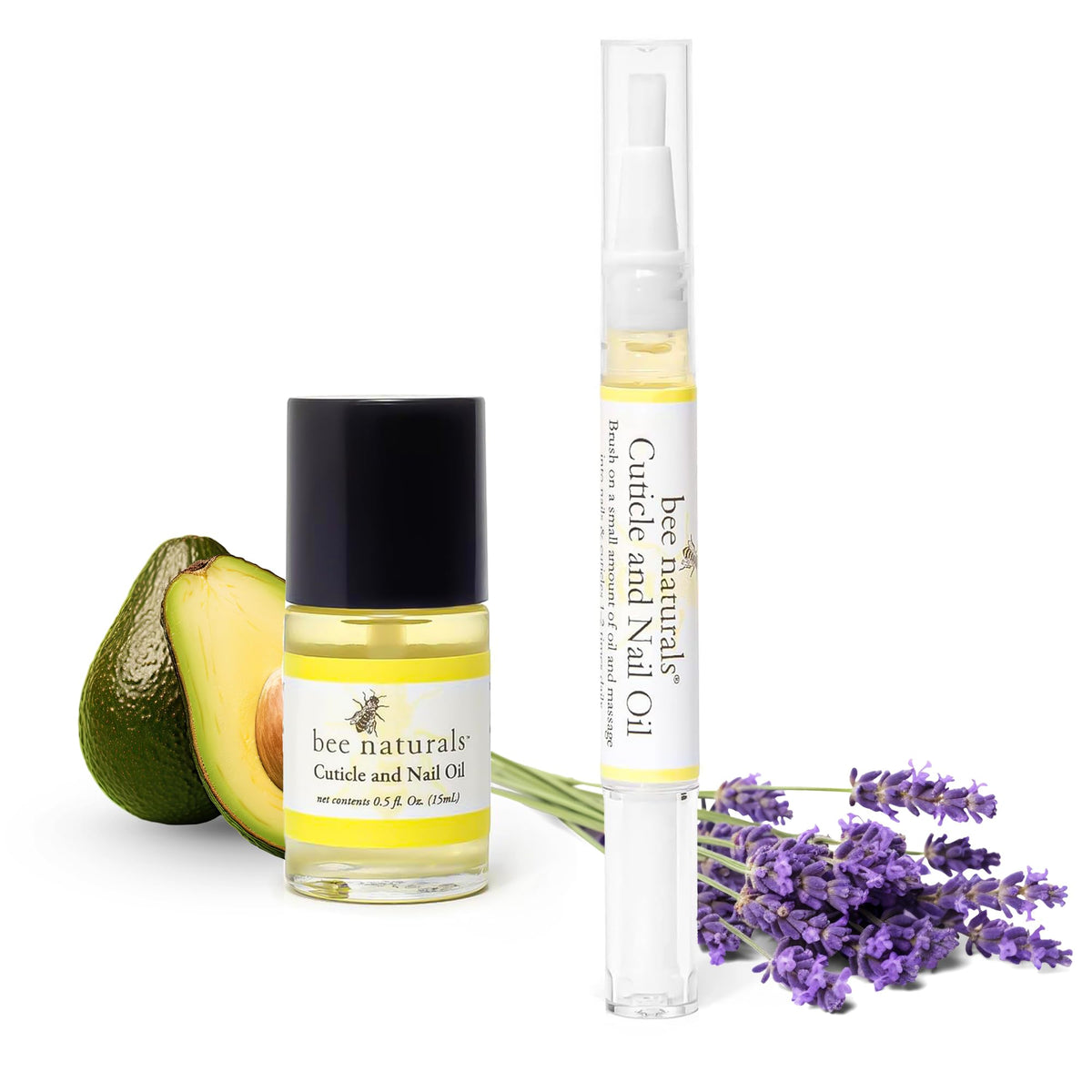 Bee Naturals front packaging showing two scented nail oil pens and benefits