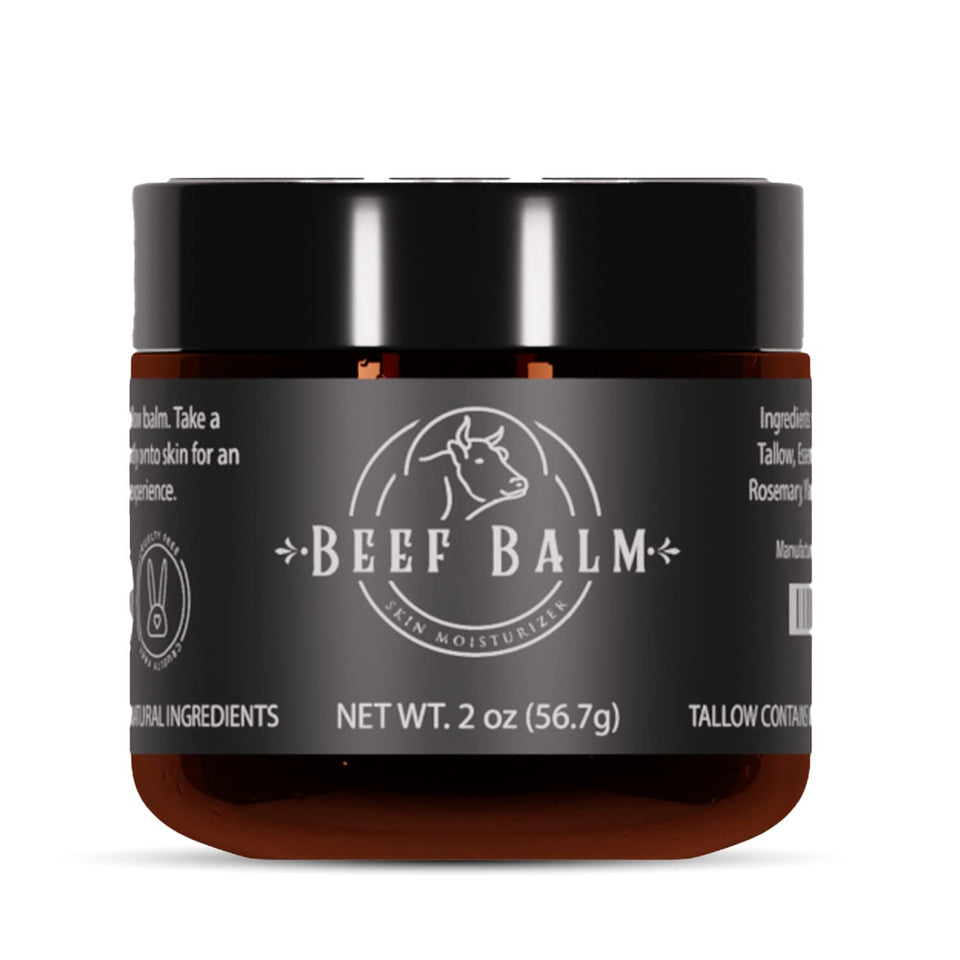 Beef Balm front jar showing vanilla tallow balm and clean packaging for hydration