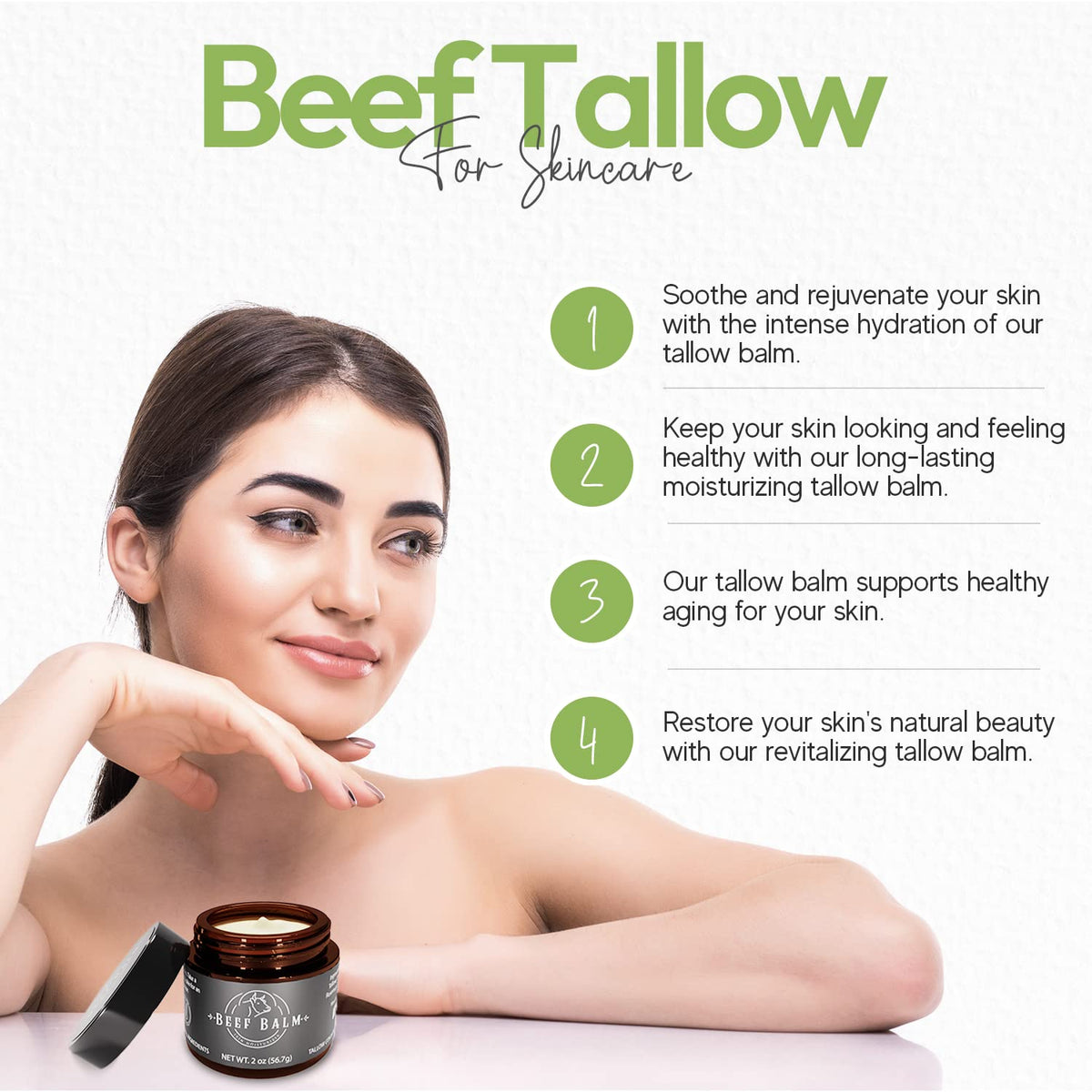 Beef Balm ingredients flatlay featuring grass-fed tallow and natural oils benefits