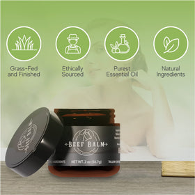 Beef Balm jar next to everyday items showing scale and convenient size