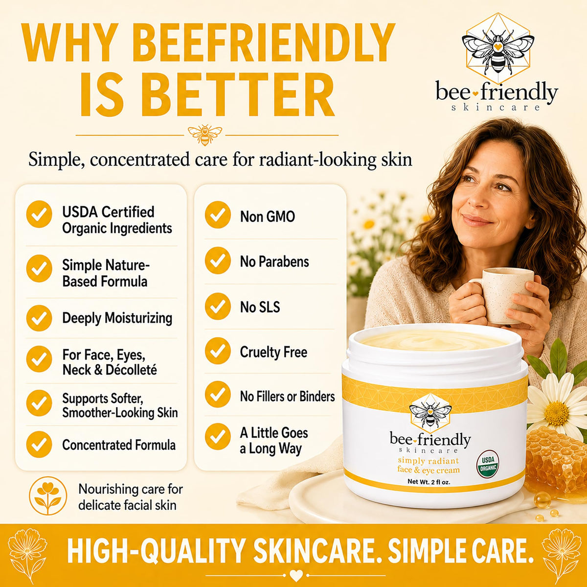 BeeFriendly applying to neck and décolletage to hydrate and improve texture