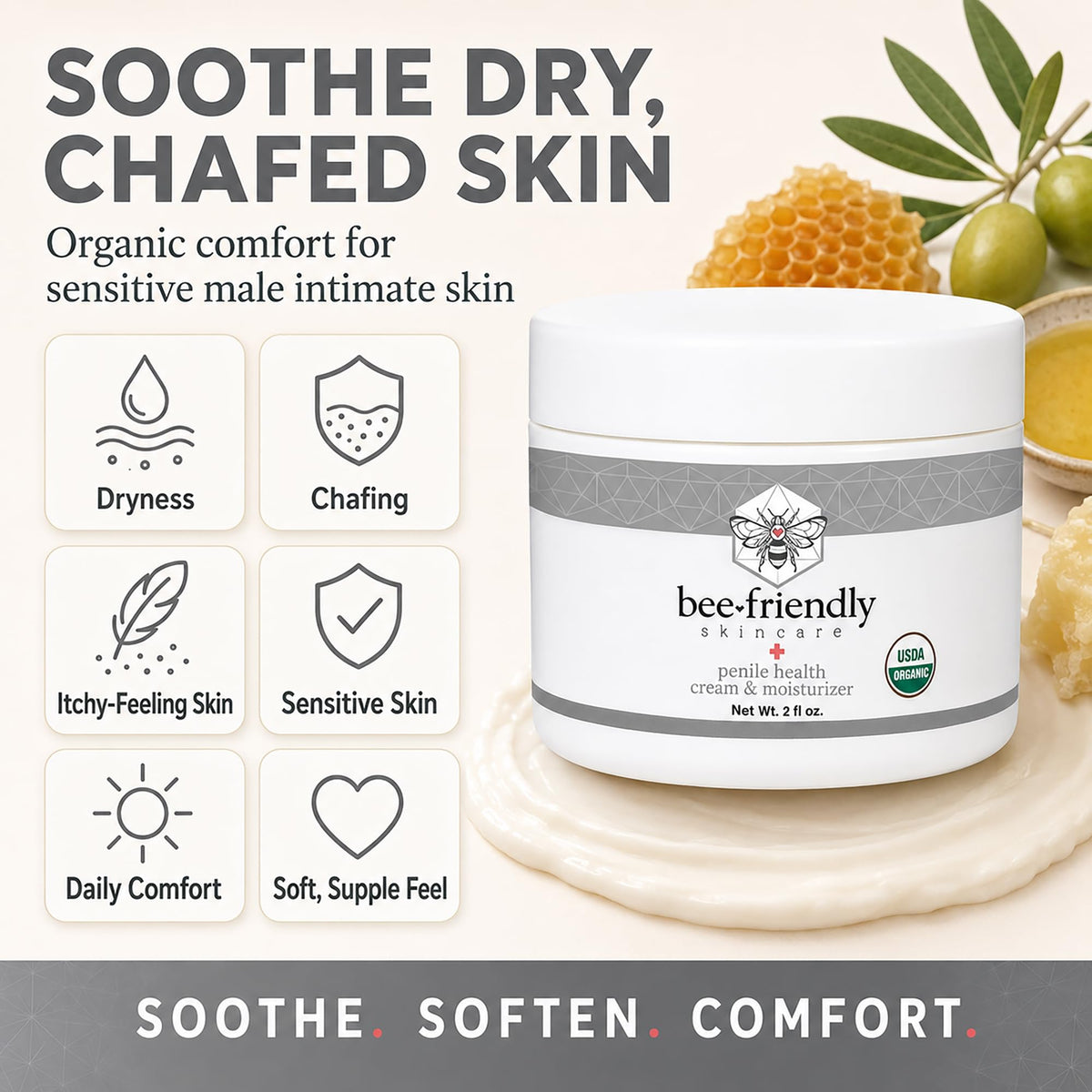 BeeFriendly ingredients display with beeswax and olive oil highlighting natural benefits