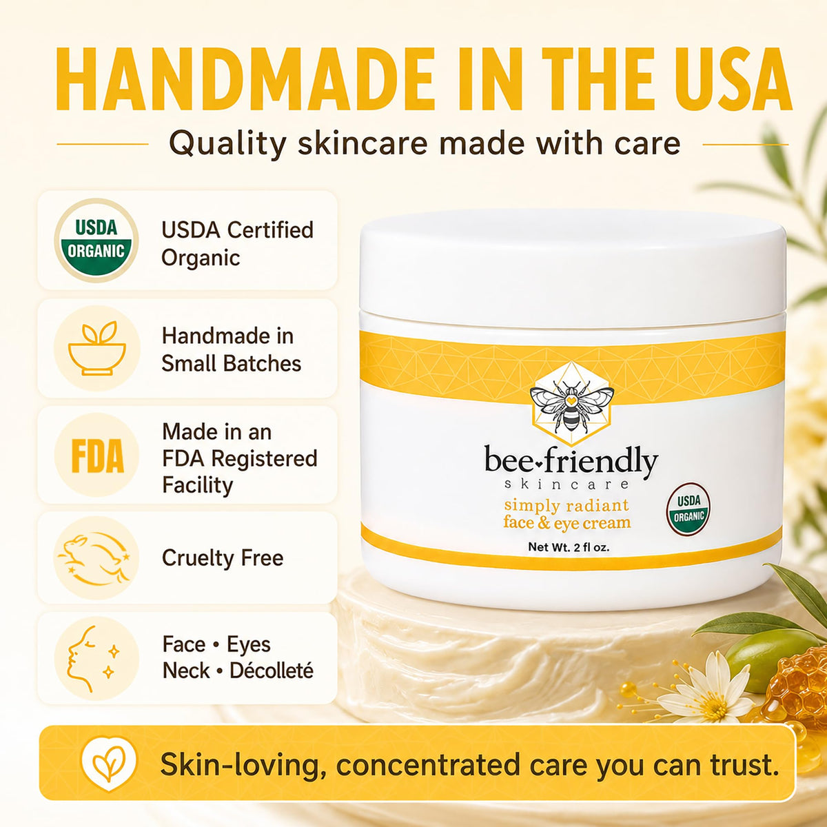 BeeFriendly 2 oz jar beside common items to show true size and portability