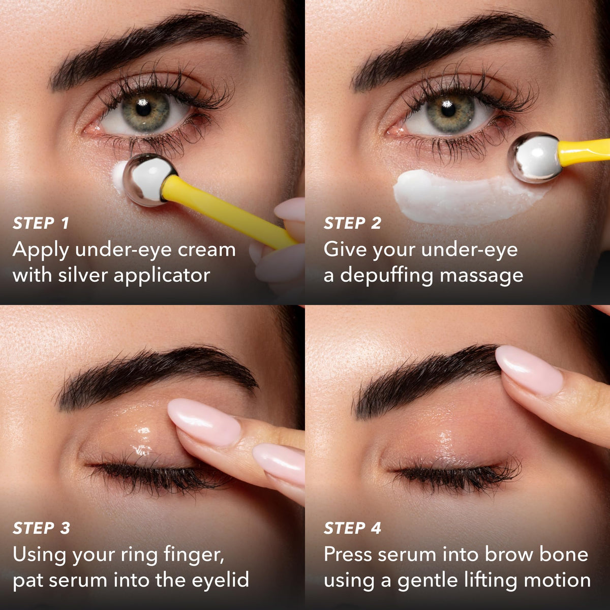 Beekman 1802 model applying serum to upper lid demonstrating lifting application