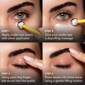 Beekman 1802 model applying serum to upper lid demonstrating lifting application