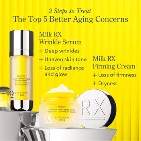 Beekman 1802 model applying serum to face illustrating smoother-looking skin