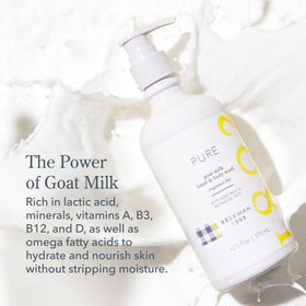 Beekman 1802 label close-up highlighting goat milk, aloe, and jojoba ingredients