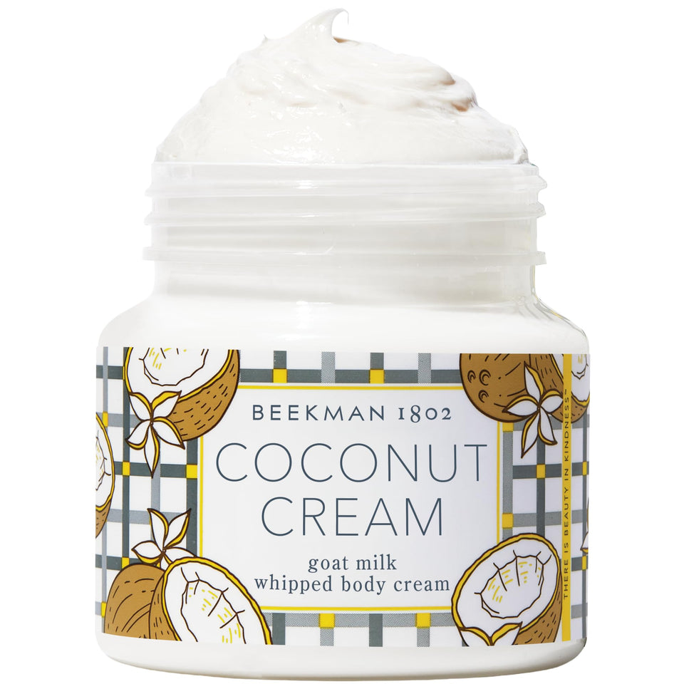Beekman 1802 jar front view showing coconut cream hydrating butter