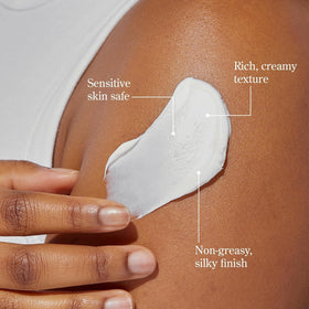Beekman 1802 cream spread on forearm demonstrating quick moisturizing effect