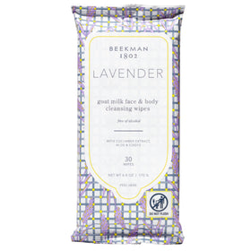 Beekman 1802 front pack showing lavender wipes and benefits
