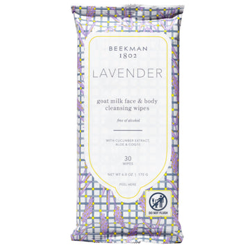 Beekman 1802 front pack showing lavender wipes and benefits