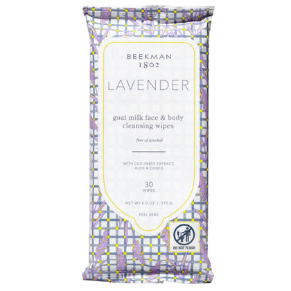 Beekman 1802 front pack showing lavender wipes and benefits