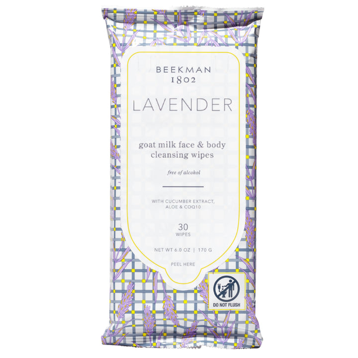 Beekman 1802 front pack showing lavender wipes and benefits