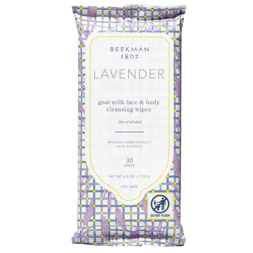 Beekman 1802 front pack showing lavender wipes and benefits