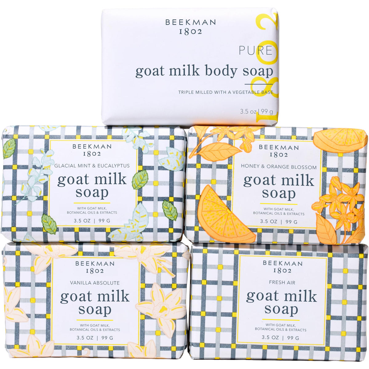 Beekman 1802 front packaging showing five assorted goat milk soap bars and benefits