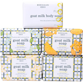 Beekman 1802 front packaging showing five assorted goat milk soap bars and benefits