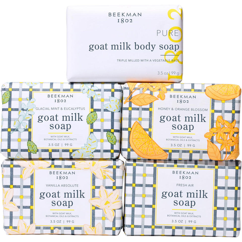 Beekman 1802 front packaging showing five assorted goat milk soap bars and benefits