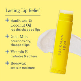 Beekman 1802 close-up ingredients label showing goat milk and beeswax benefits