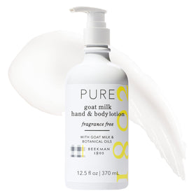 Beekman 1802 front pump bottle showing clean, fragrance-free lotion benefit