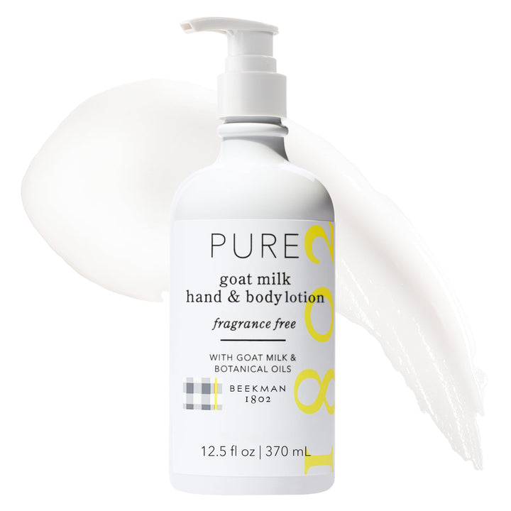 Beekman 1802 front pump bottle showing clean, fragrance-free lotion benefit