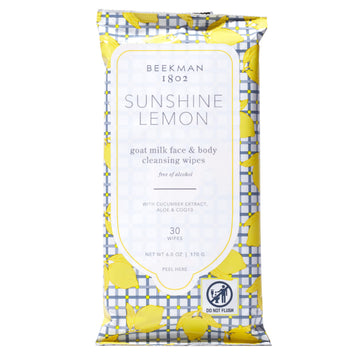 Beekman 1802 pack front showing Sunshine Lemon wipes for convenient cleansing