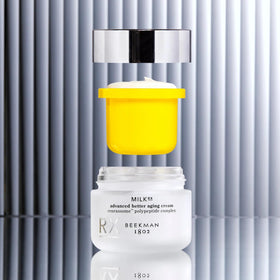 Beekman 1802 refill pod close-up highlighting compact refill design and eco benefit