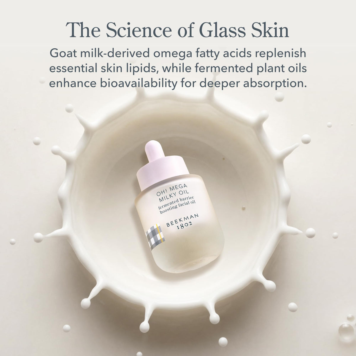 Beekman 1802 bottle beside hand showing 1 fl oz scale and travel-friendly benefit