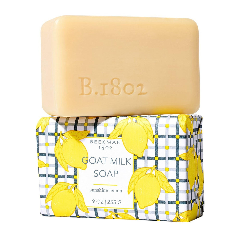 Beekman 1802 front bar packaging showing Sunshine Lemon scent and benefits