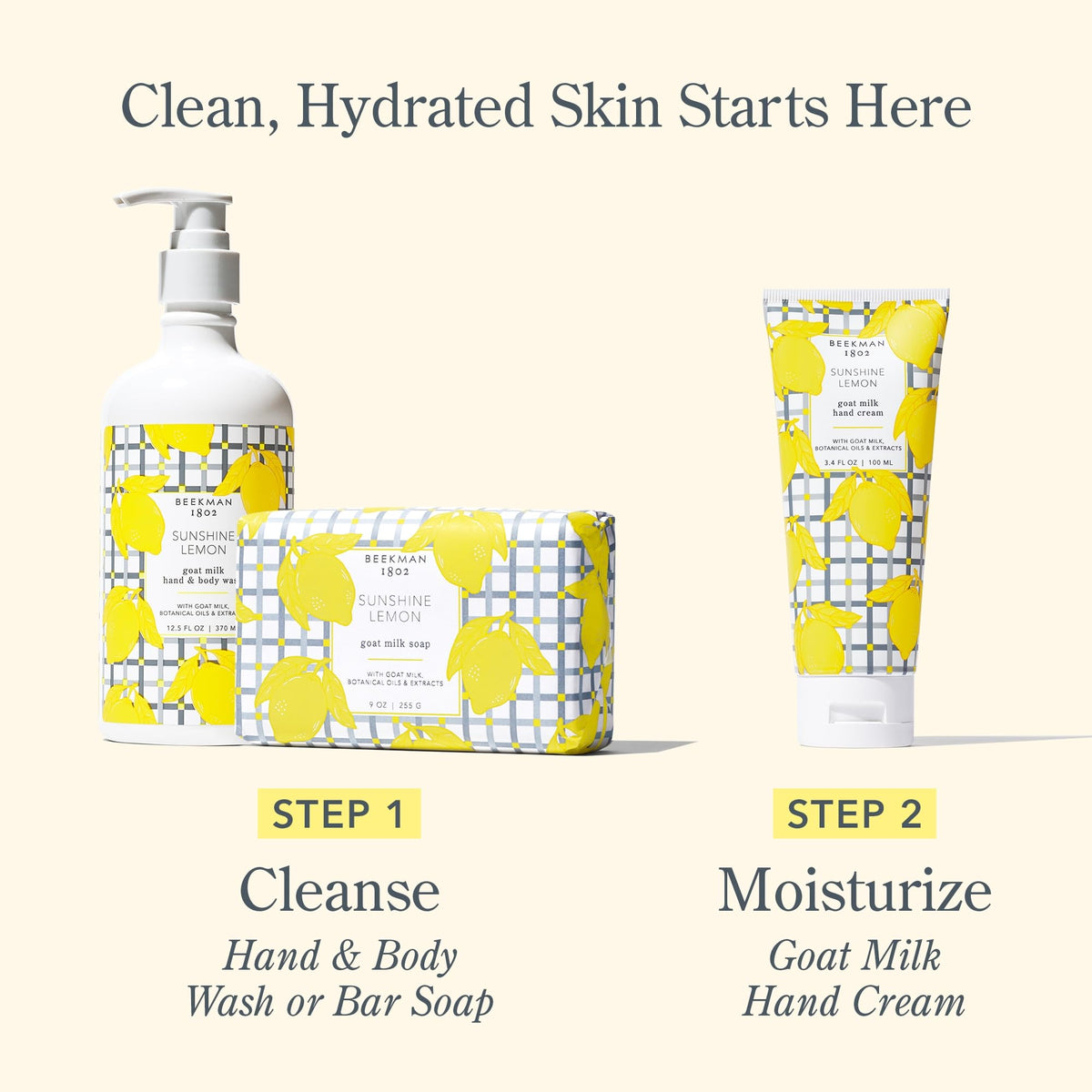 Beekman 1802 on bathroom vanity with citrus decor, suggesting refreshing daily use