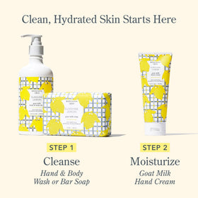 Beekman 1802 on bathroom vanity with citrus decor, suggesting refreshing daily use